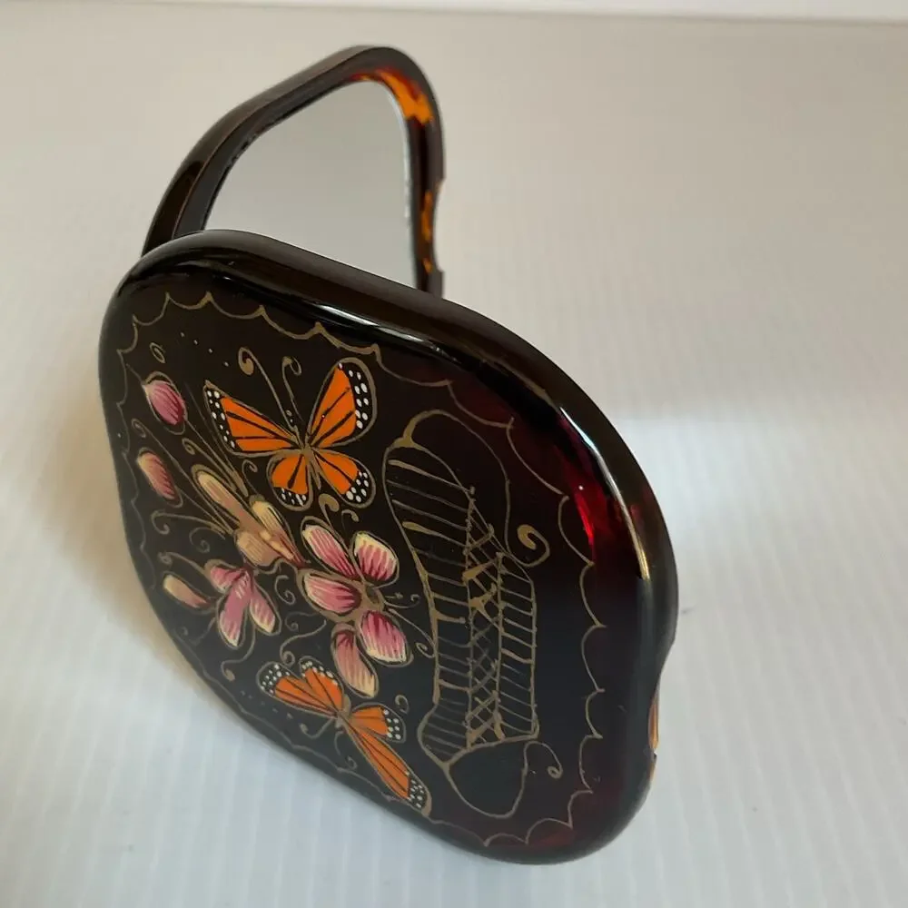 Hand-Painted Mexican Compact Mirror Monarch Butterfly Michoacán Gold Foil Art